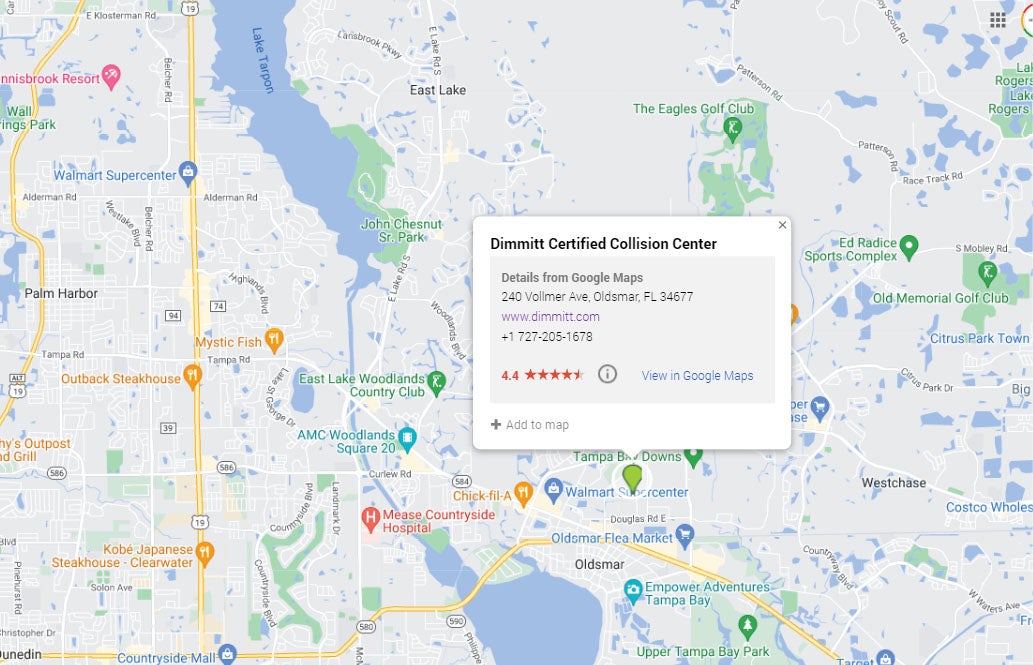 Map showing Dimmitt Certified Collision Center in Oldsmar Florida