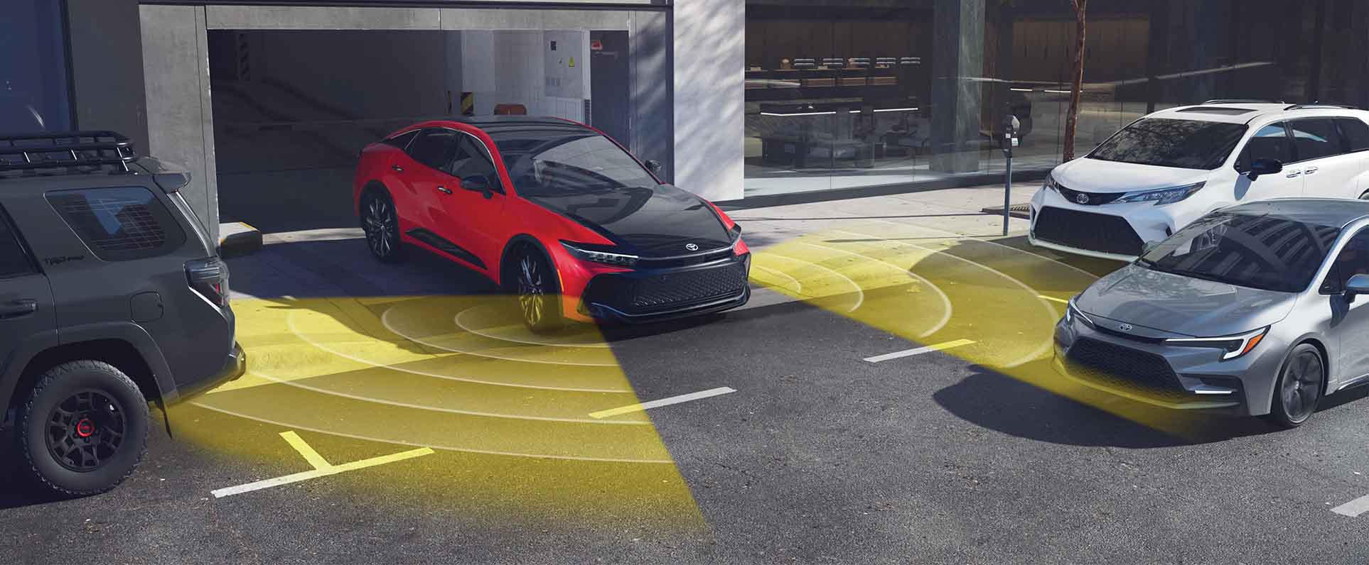 animated lines showing driver assistance sensors