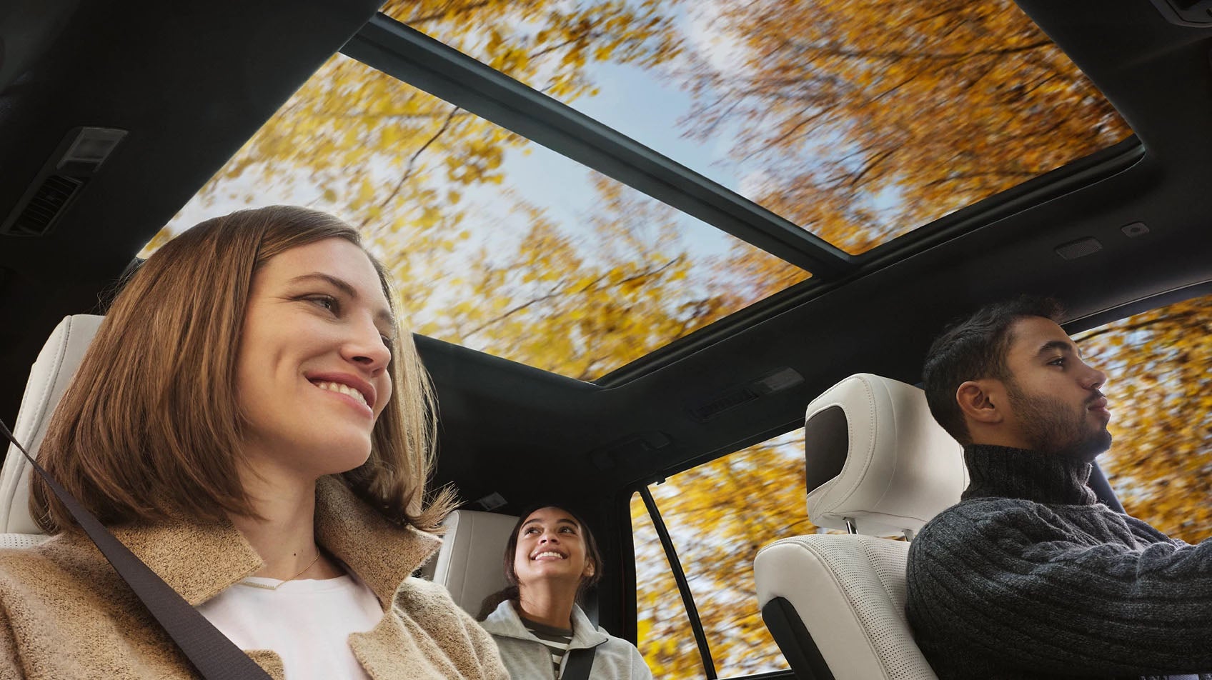Family enjoying panoramic moonroof in nature setting