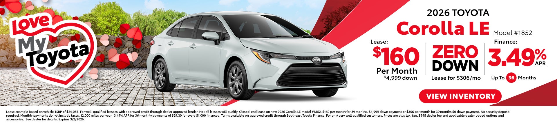 corolla lease for 160 per month or 306 zero down