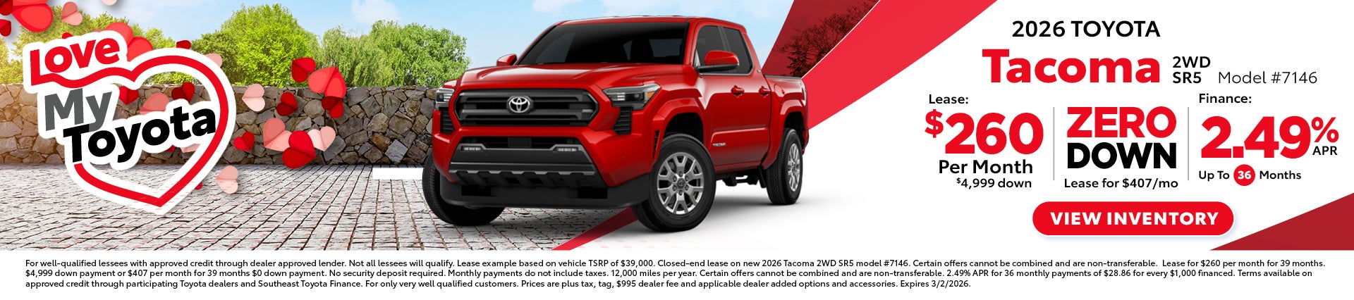 tacoma lease for 260 per month or 407 zero down