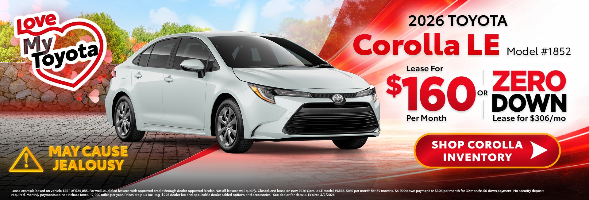 corolla lease for 160 per month or 306 zero down