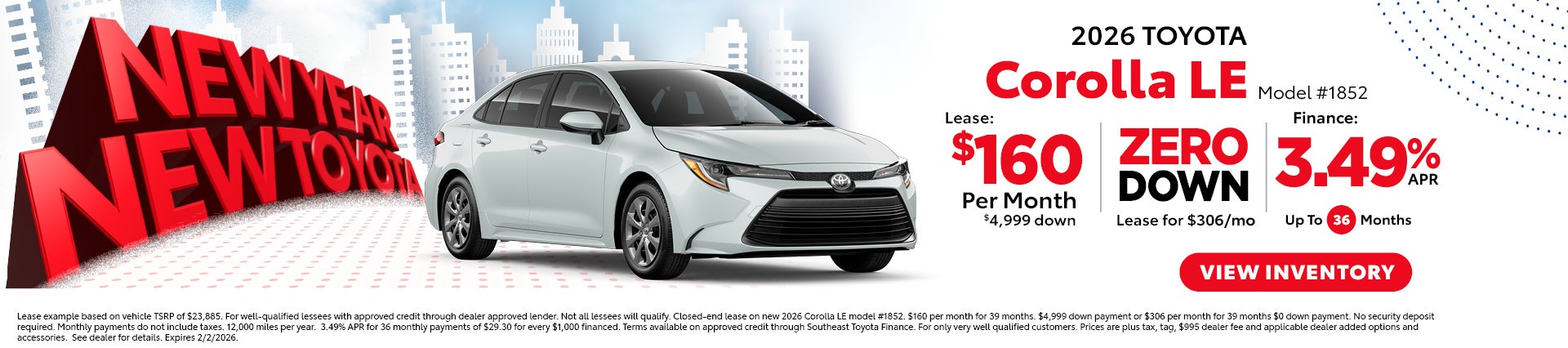 corolla lease for 160 per month or 306 zero down