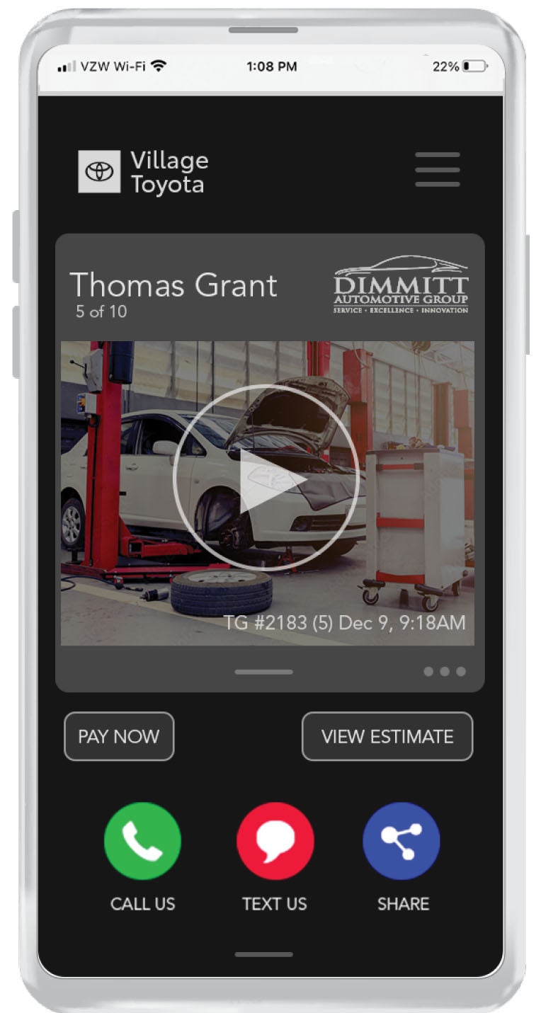 Mobile phone showing truvia video app of clients vehicle being serviced